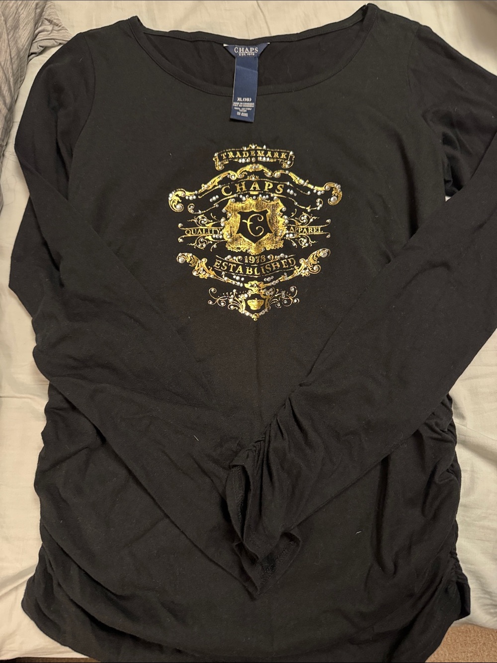 Chaps Black Long-Sleeve Tee with Metallic Gold Crest